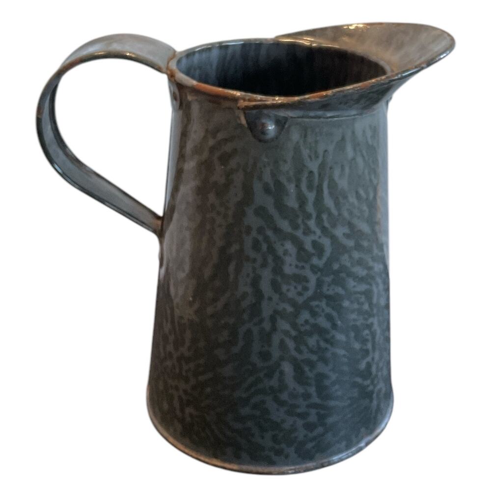 Gray Measure Graniteware Mottled‎ Enamel Rivoted Spout Loop Handle Vintage